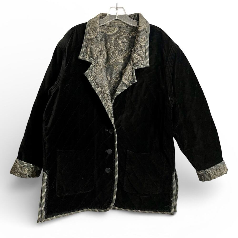 Vintage Quilted Velvet Jacket Koos Of Course Size Large Black Gray Reversible